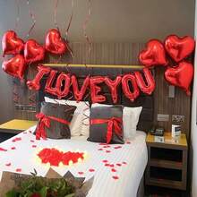 1 Set Red Heart-Shaped "I Love You" Balloon Set, Includes 500 Rose Petals, Suitable For Romantic Themes, Valentine's Day Party Decor, Birthday, Wedding, Confession, Proposal, Anniversary, Valentine's Day Props, Indoor Party Decorations - Multicolor - View 5