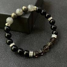 1PC Armor Protection Bracelet/High Quality Labrador, Pyrite, Obsidian, Inlaid Smoked Quartz Handmade Natural Stone Bead Crystal F Bracelet Courage And Confidence Anxiety Bracelet Natural True Crystal Gemstone Jewelry, Father's Day Mother's Day Gift - màu đen - Xem 6