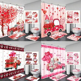 1pc/4pcs "Filled With Love" Valentine's Day Bathroom Decor Set - Heart Tree Truck Theme Shower Curtain, Vintage Truck, Cute Gnome Pattern Valentine's Decor, Housewarming Shower Curtain Gift, Modern Home Bathroom Decor Curtain With 12 Hooks, Non-Slip Bath Mat, Toilet U-Shaped Mat, Toilet Lid Cover, Bathroom Set Spring Decor