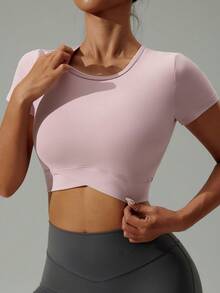 MASKERT Women's Crew Neck Short Sleeve Sports Top, Cross Hem Cropped & Slim-Fitting, Skin-Friendly & Comfortable, T-Shirt For Yoga And Fitness - Mauve Purple - View 3