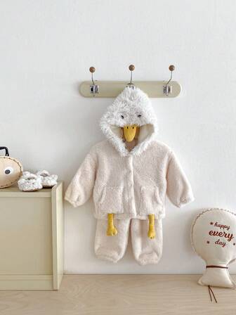 2pcs/Set Toddler Kids Cute Duck Design Thick Warm Hooded Loose Fit Outfit, Autumn/Winter
