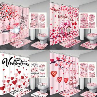 1 pieza/4 piezas Conjunto de cortina de ducha del Día de San Valentín con tema de árbol de corazones y gnomos - Crea un baño romántico y acogedor - Cortina de ducha con tema de árbol de corazones y corazones colgantes, decoración adorable del Día de San Valentín con patrón de gnomos, regalo elegante de inauguración de la casa, decoración moderna del baño para el hogar, cortina de ducha con 12 ganchos, alfombra antideslizante para el baño, alfombra en forma de U para el inodoro, tapa del inodoro, conjunto de baño, decoración de primavera