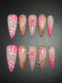 Each Set Includes 10 Pieces Of Handcrafted Y2K Fine Stiletto Press-On Nails With French Design, Adorned With Rhinestones, Dots, Stripes, And Bow Decorations. Available In Multiple Tones And Nude Shades. Three Sizes For A Perfect Fit, Suitable For Christmas, Parties, Galas, And Daily Wear. Comes With A Nail Tool Kit, Making It An Ideal Gift For Women And Girls. - Multicolor - View 2