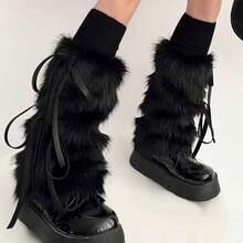 15.7in Bow Fluffy Leg Warmers, Y2K Warm Faux Fur Furry Leg Warmers Women, Winter Fuzzy Long Boot Cuff Covers - 白色 - 查看 4