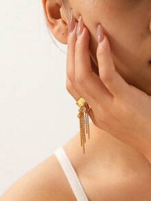 1pc Chain Tassel Open Ring, Zirconia & Pearl Decor, Elegant Jewelry Accessory For Women, Suitable For Daily Wear - Multicolor - View 5