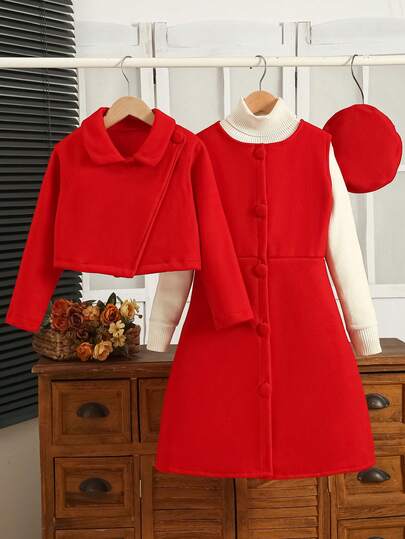 Bộ 3 món: Váy hồng cho bé gái + Áo khoác cổ sơ mi + Mũ, Trang phục thể thao thoải mái cho bé gái; Váy dài tay màu đỏ + Mũ Bộ 3 món, Mùa xuân/Hè/Thu cho bé gái; Trang phục mùa đông cho bé gái: Áo choàng đỏ Áo khoác cổ sơ mi + Váy + Mũ trẻ em màu đỏ, Thích hợp mặc hàng ngày, đi học, dã ngoại, làm quà tặng cho bé gái