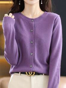 Cárdigan De Punto De Mujer, Cárdigan De Unicolor Con  Botón Delantero De Dama, Cárdigan De Punto Con Cuello  Redondo Para Mujer - Morado - Ver 1