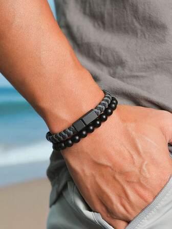 51Luckind Fashion Braided Leather 8mm Beads Bracelet Black Magnetic Bracelet For Male Armband Jewelry