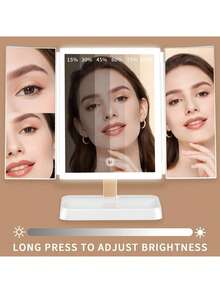 1个三折LED化妆镜，旋转桌面镜，带3倍/2倍/1倍放大倍率的照明梳妆镜，便携式高清化妆镜，触摸屏亮度调节，带支架和3种照明模式，可折叠三折设计，内置800mAh电池，USB充电，适合居家和旅行，是美容产品的理想收纳，也是情人节和节日礼物的理想之选。 - 彩色 - 查看 4