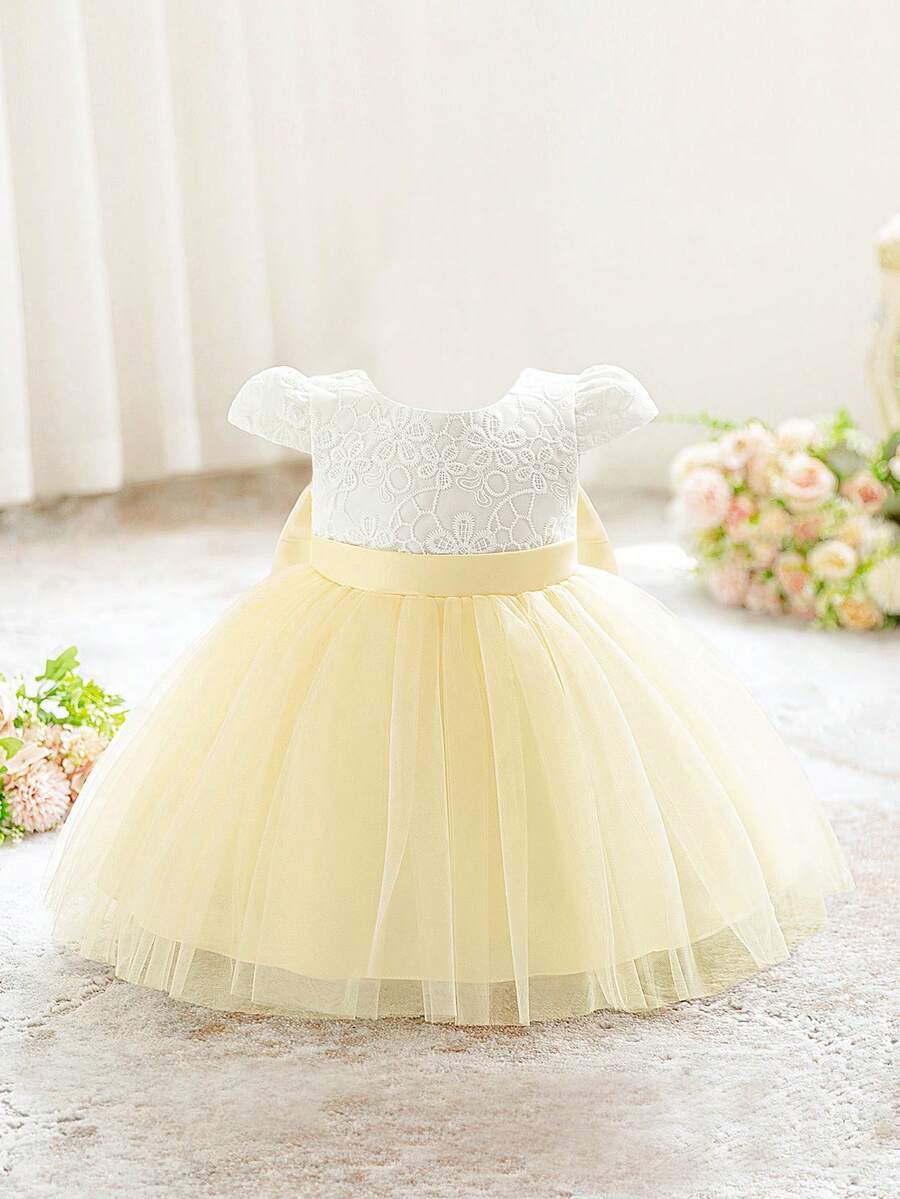 Baby Girls Hooded Sleeve Contrast Lace Mesh Bow Back Cute Birthday Party Dress, Suitable For Flower Girl, Wedding, No Headband Included - Champagne - View 1