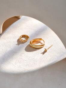 Nooxian 3pcs/Set Fashionable & Elegant Clover, Single Diamond, Geometric Oval Hoop Earrings, Suitable For Daily Wear And Vacation - Yellow Gold - View 7