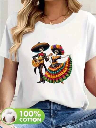 1pc blusas de mujer blusas bonitas para mujeres ropa de mujer conjuntos para mujer Dia de Muertos 180g camiseta de algodón blanca y negra patrón de impresión Calavera Mexicana impresión de alta calidad en algodón cuello redondo ajuste básico holgado hombres y mujeres transpirable versátil lavable a máquina cómoda talla S ~ 2XL diaria casual deportes imprescindible de verano