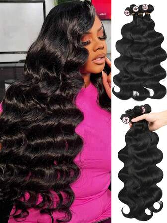 黑色波浪卷发束接发，长款浅色Yaki直发，合成发片，适合女性日常派对佩戴