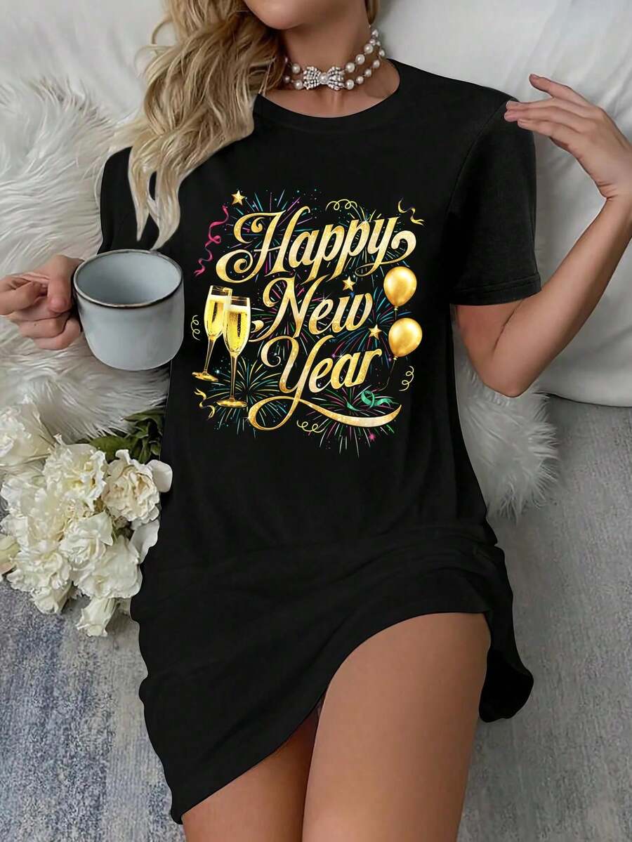 Happy New Year 2026 Confetti Fireworks New Year's Eve Party T-Shirt Dress Women's Dress, Casual Summer Dress - màu đen - Xem 1