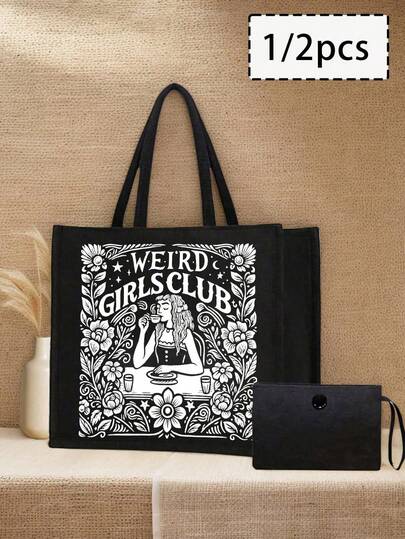 亚麻手提包+黑色化妆包，配有搭扣和手提绳，手提包上印有“WEIRD GIRLS CLUB”字样，可作钱包使用，个性化手提包，简约大容量手提包，便携休闲收纳手提包，便携式洗漱包，购物袋，铅笔盒，指甲油收纳袋，气垫收纳袋，多功能购物袋，单肩包，手提袋，午餐包，非常适合生日、户外活动、旅行、寄宿学校、居家必备、返校课堂、教师节礼物等场合。