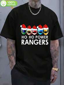 Power Rangers Graphic T-Shirt, 100% Cotton, Round Neck, For Men And Women - Festive Christmas Design With Santa Hat And Christmas Decoration, Perfect For Summer, Gifts For Family And Friends, Casual Summer Clothing Christmas Themed T-Shirt Cotton T-Shirt - màu đen - Xem 1