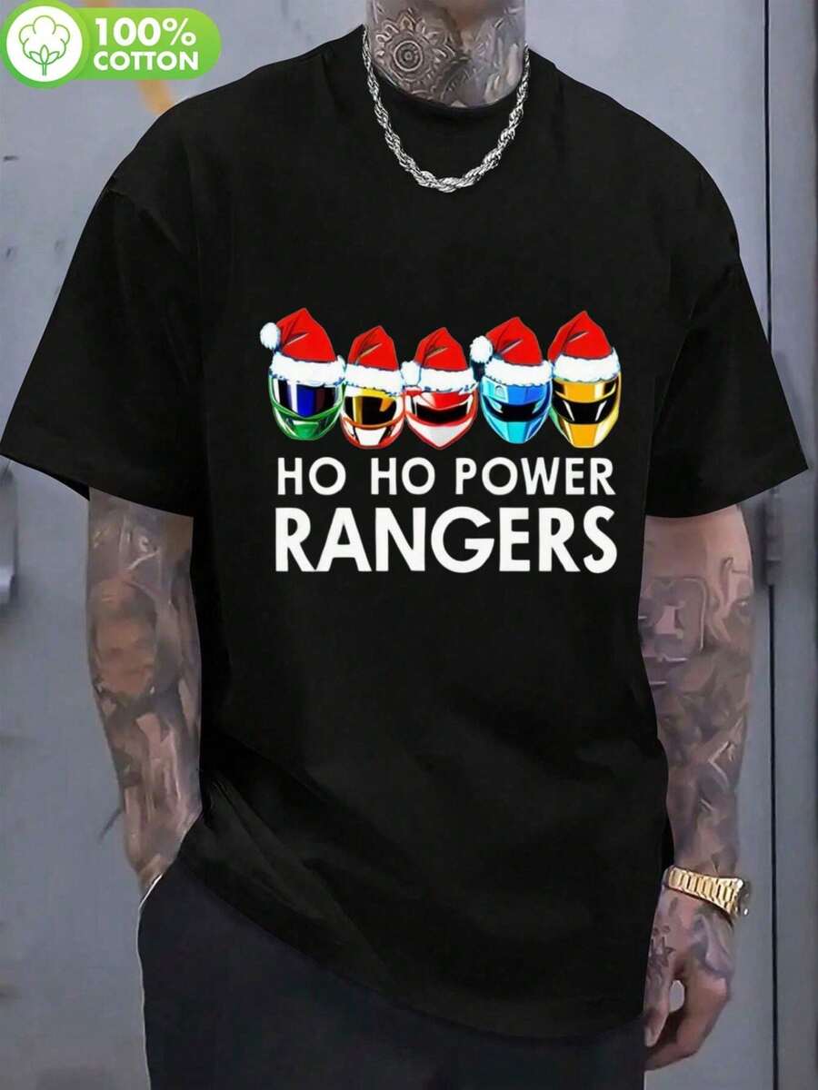 Power Rangers Graphic T-Shirt, 100% Cotton, Round Neck, For Men And Women - Festive Christmas Design With Santa Hat And Christmas Decoration, Perfect For Summer, Gifts For Family And Friends, Casual Summer Clothing Christmas Themed T-Shirt Cotton T-Shirt - màu đen - Xem 1