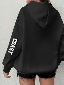 大码女式东海岸字母印花保暖连帽休闲卫衣，适合春、秋、冬季穿着，大码修身剪裁，卫衣，冬季服装，新款大码女装/女士卫衣/女士冬季服装>卫衣/女士派对装/女士上衣/卫衣/情人节/圣诞节服装/送给同事的礼物 - 黑色 - 查看 4