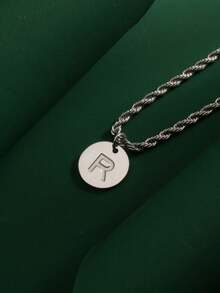 1pc Fashionable Hiphop Stainless Steel Round Disc 26 Letters A-Z Pendant With Stainless Steel Twisted Chain Necklace, Suitable For Men's Daily Wear - Steel-colored Round Letter Necklace - View 25