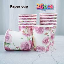9oz Golden Rose Disposable Paper Cups - Floral Party Cups For 10/25/100 Guests | Birthday Picnic Camping Bridal Shower Gifts - Multicolor - View 6
