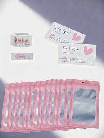 190 piezas Conjunto de tarjetas de agradecimiento y pegatinas color rosa, con bolsas de sellado reutilizables, adecuado para tiendas, minoristas en línea, para embalaje de regalos, manualidades, regalos festivos, notas decorativas de agradecimiento
