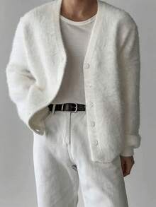 男士V领宽松针织开衫，韩版简约百搭，适合圣诞节、新年等场合，长袖上衣 - 白色 - 查看 4