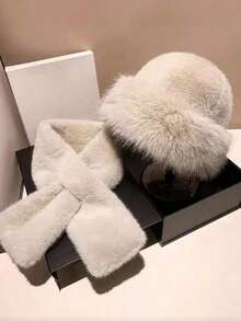 1 Set Hat + Scarf Combo, Women Winter Hat, Fluffy Faux Fur Thickened, European & American Style Thick Bucket Hat, Knitted Hat With Ear Protector, Black/Pink/Khaki Available - Multicolor - View 10