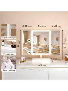 1个三折LED化妆镜，旋转桌面镜，带3倍/2倍/1倍放大倍率的照明梳妆镜，便携式高清化妆镜，触摸屏亮度调节，带支架和3种照明模式，可折叠三折设计，内置800mAh电池，USB充电，适合居家和旅行，是美容产品的理想收纳，也是情人节和节日礼物的理想之选。 - 彩色 - 查看 9