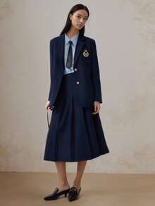 Fashionable Casual Women's Suit Set, High-Quality Loose Blazer & Pleated Skirt Professional Outfit, 2 Pieces Set - Dark Blue - View 15