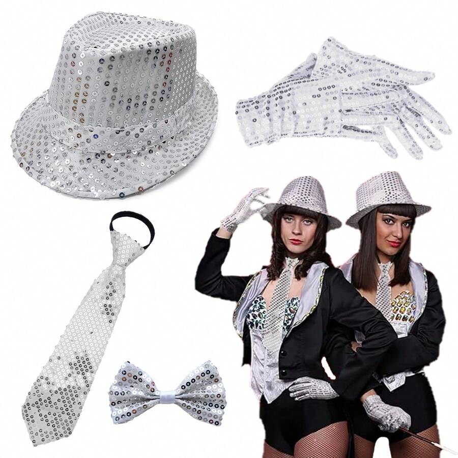 DEXCEED 4 Pcs 70s Disco Sequin Costume Kit With Hat, Tie, Gloves & Bow Tie For Party Night, Stage Looks, Cosplay, Halloween Dress-Up,Valentine's Day Costume - Multicolor - View 1