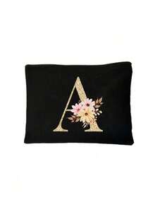 Bolsa de cosméticos con inicial de flor de la serie A-Z, de unicolor, bolsa de almacenamiento con patrón de letra retro simple y elegante, regalo de Navidad, bolsa de almacenamiento de artículos pequeños, bolsa de almacenamiento multifuncional, bolsa de almacenamiento de esmalte de uñas, bolsa de almacenamiento de cosméticos de moda, neceser, bolso, bolsa de almacenamiento plegable ligera, bolsa de compras simple, bolso de regalo para maestros, enfermeras, médicos, maestros, adecuado para el almacenamiento de cosméticos de viaje personal