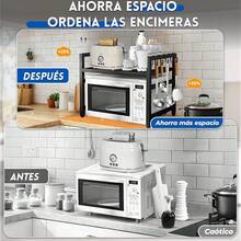 Estante para Microondas Organizador de Cocina, Estante Extensible de 3 Niveles con Ganchos para Utensilios, Tabaquera y Portatablas,Soporte para microondas para Cocina Negro - H - Ver 12