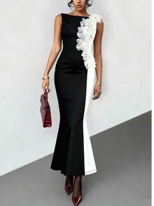 Vestido de fiesta elegante de mujer con decoración floral 3D de color contrastante