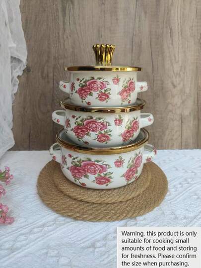 3pcs Enamel Cookware Set, 12-14-16cm Thick Double-Ear Enamel Cooking Pots, Suitable For Gas, Induction Cooktop, Milk Pot, Soup Pot, Stew Pot, Enamel Bowl, Mini Fridge Storage Set