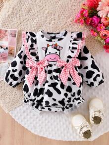 1pc Cute Cow Print Long Sleeve Baby Girl Bodysuit, Lightweight For Spring & Autumn