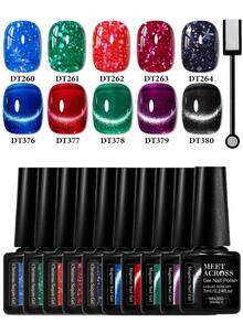 10pcs 7ml Red Blue Cat Eye Gel Nail Polish Set With Magnet Stick, Sparkle Glitter Snowflake Sequins Gel Polish Semi Permanent Soak Off UV LED Gel Varnish Manicure Nail Art DIY For Salon And Home Nail Supplies - 彩色 - 查看 12