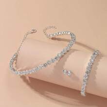 1pc Bracelet, 1pc Necklace, 1 Pair Earrings - Luxury Cubic Zirconia Necklace, Earrings And Bracelet Set For Women, Wedding/Engagement Jewelry - Silver - View 4