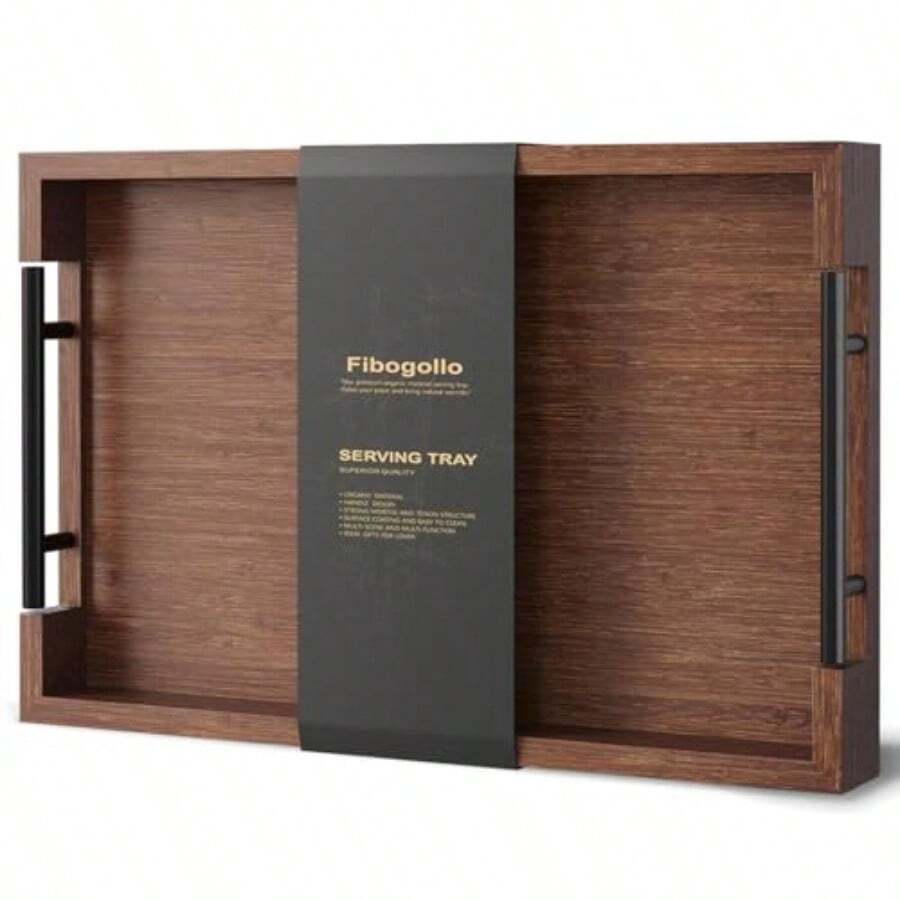 Bamboo Serving Tray With Metal Handles15x10in Ottoman Decorative Trays Platter For Coffee Table Living Room Bar Party Medium Black - Brown-M - 查看 1