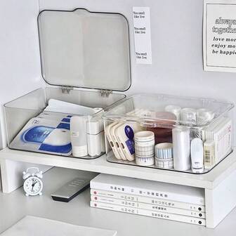 1 pieza Caja de almacenamiento transparente con tapa abatible, organizador de artículos de papelería de uso múltiple, caja de almacenamiento transparente multifuncional para escritorio con tapa abatible, caja de almacenamiento a prueba de polvo para cosméticos de escritorio, organizador de varios usos, almacenamiento de escritorio para el hogar/oficina, adecuado para el hogar, la escuela y la oficina, artículo esencial de oficina