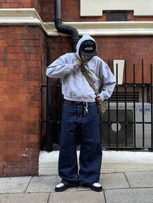 Grunge Goth Y2K Style Fashion Casual Pocket Young Street Personalized College Sports Loose Wide-Leg Versatile Dark Blue Men Denim Jeans - Dark Wash - View 3