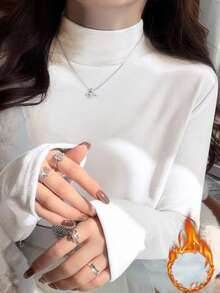 270g Autumn/Winter Thermal Turtleneck Long Sleeve Base Layer, Warm, Slimming, Solid Color, White, Versatile - White - View 1