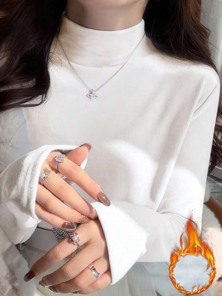 270g Autumn/Winter Thermal Turtleneck Long Sleeve Base Layer, Warm, Slimming, Solid Color, White, Versatile - White - View 1