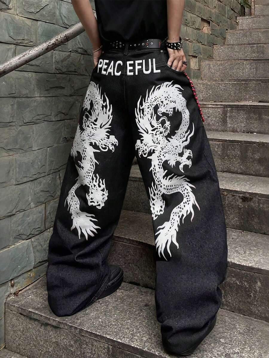 1pc Vintage American Style Embroidered Wide Leg Jeans For Men, Personalized Pockets, Loose Fit Casual Denim Pants (Belt And Accessories Not Included) - Black - View 1