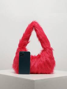 纯色毛绒糖果色手提包，圣诞包，女士礼物，情人节礼物，秋冬礼物，Y2K风格，个性化，可爱，日常，购物，约会 - 紅色 - 查看 3