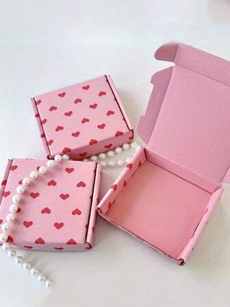 10pcs/5pcs Pink Heart Pattern Gift Boxes, Kraft Paper Boxes Decorated With Red Heart Pattern, Cute Decorative Gift Boxes, Easy To Assemble - Paper Material, Suitable For Party Favors, Jewelry Boxes, Weddings, Valentine's Day And Birthday Gift Packaging.