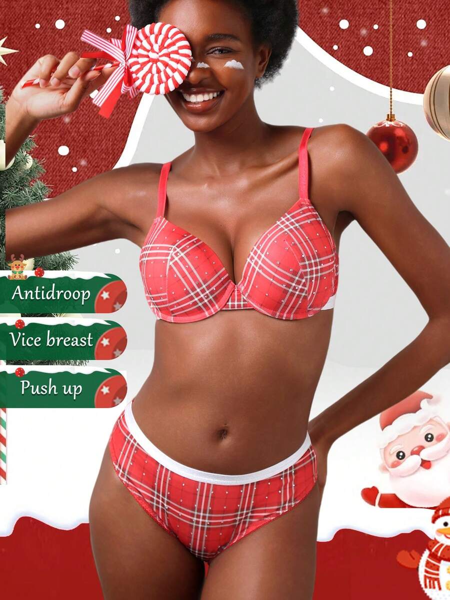 1 Set/2pcs Red Striped Underwire Bra Set - Christmas Theme, Lift & Side Fat Control, Supportive, Holiday Gift