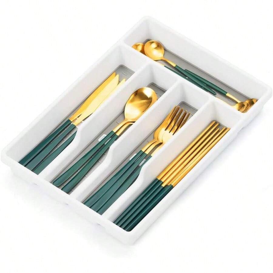 XZGB Silverware Drawer Organizer Tray Desktop Plastic Drawer Storage Cutlery Storage For Kitchen Drawer Flatware And Utensil Holder Divider For Spoons Forks Knives Tableware 5 Compartment Gray - Gray - 查看 1