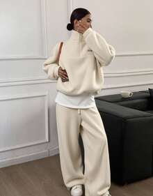 Livesso 女士羊羔绒卫衣和休闲裤两件套，秋冬女士家居服套装 - 米色 - 查看 1