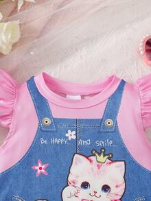 1 pieza Vestido de tirantes redondo con estampado de abeja y floral 2 en 1, verano - Rosa - Ver 5