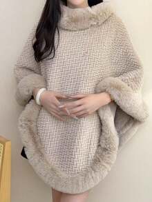 1pc Knitted Textured Women Hooded Poncho Shawl, Soft Faux Rabbit Fur Collar, Loose Fit Autumn/Winter Outerwear Cape For Dress - 灰色 - 查看 10